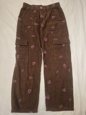 PacSun Brown Corduroy Cargo Pants with Pink Heart Embroidery